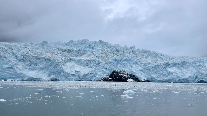 Arctic landscape, a mountain of ice taken from the water, where a small black surface of the earth is visible