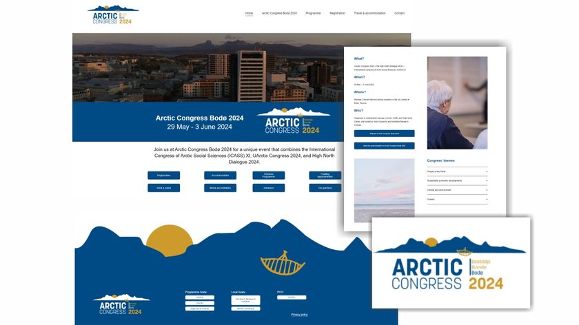 Event branding mockups: website homepage featuring a graphic of the sun setting behind blue, snow-covered mountains, with a traditional boat in the foreground.