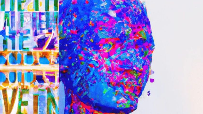 Photograph of art objects: a blue head, a human sculpture, a window.