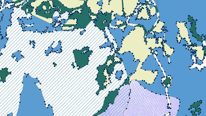 Abstract vector graphic resembling a map fragment, composed of striped shapes in three colors. Poster-like graphic with no connection to a specific location.