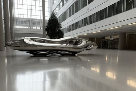 Photograph of a chrome-silver biomorphic design object located inside the atrium of a large non-residential building with white walls and glass windows. Photograph of a chrome-silver biomorphic design object located inside the atrium of a large non-residential building with white walls and glass windows.