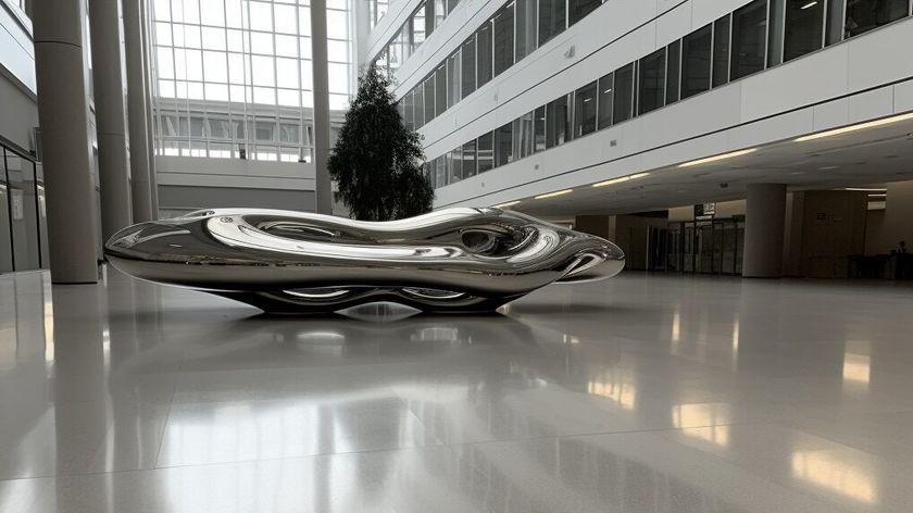 Photograph of a chrome-silver biomorphic design object located inside the atrium of a large non-residential building with white walls and glass windows.