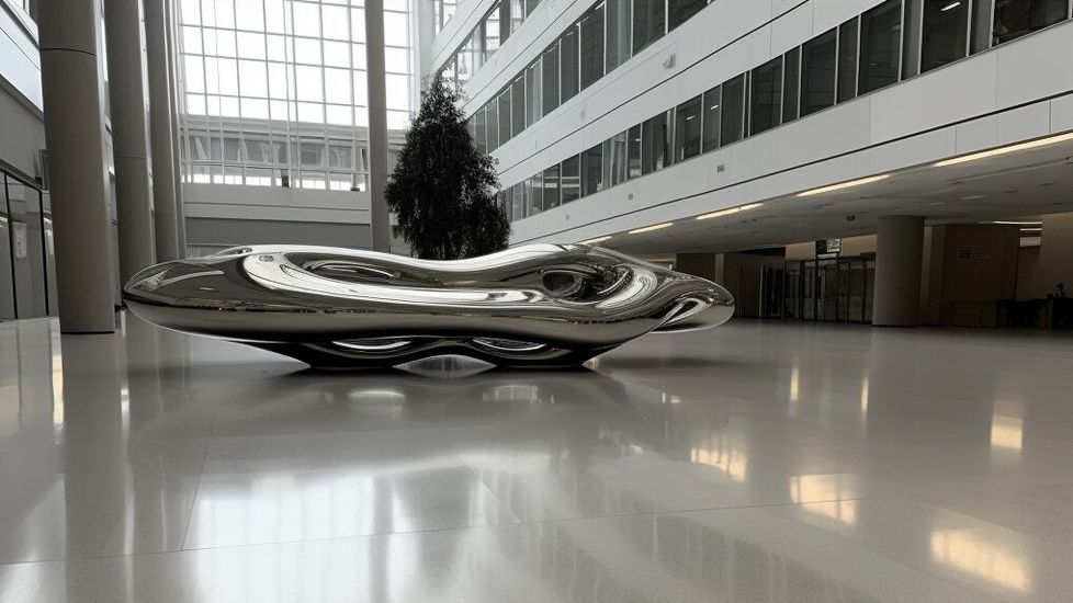 Photograph of a chrome-silver biomorphic design object located inside the atrium of a large non-residential building with white walls and glass windows.
