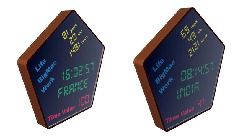 Installyatsiya v vide dvukh pyatigrannykh tsiferblatov na kotorykh pomimo vremeni raznyye dannyye 87 An installation featuring two pentagonal dials displaying various data in addition to the time.