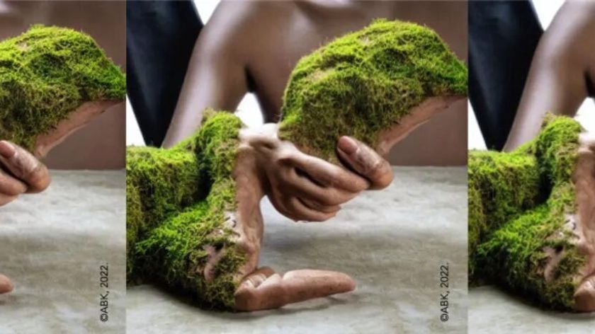 AI-generated image of a distorted human hand holding a fragment of soil covered with moss.