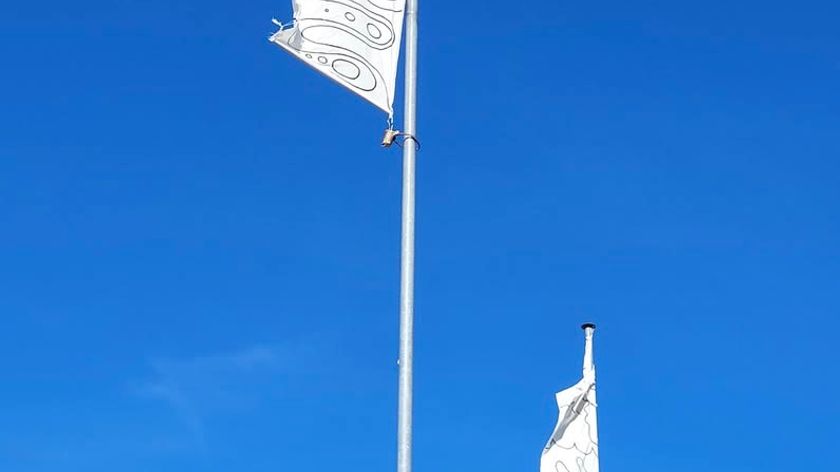 Photograph of white flags featuring thin graphic lines against a blue sky.