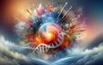 Abstract image featuring swirling forms, DNA-like structures, and colorful clouds with paintbrushes emerging from them, unfolding across a sky-like setting.