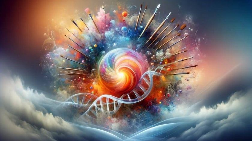 Abstract image featuring swirling forms, DNA-like structures, and colorful clouds with paintbrushes emerging from them, unfolding across a sky-like setting.