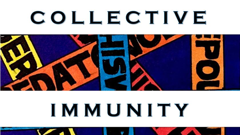 Exhibition poster featuring the title “Collective Immunity” overlaid on colorful ribbons with words and phrases arranged in a chaotic composition.
