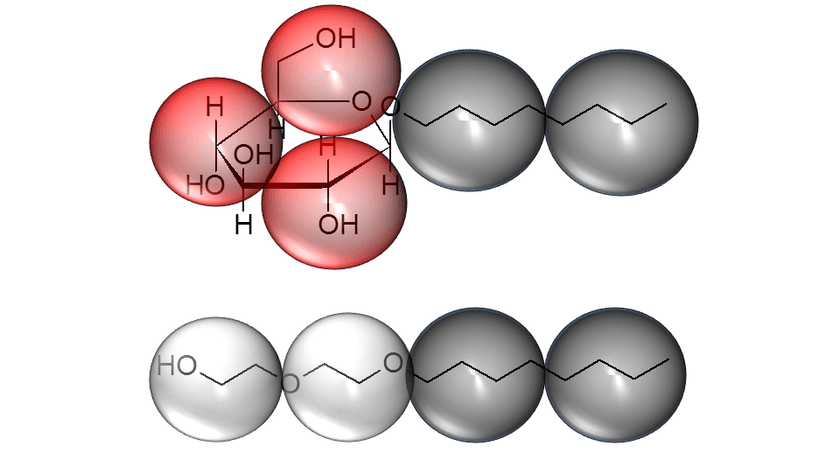 Graphic representation of chemical elements arranged in two rows of spheres containing molecular chains. The top row has three red spheres and two black spheres; the bottom row has two white spheres and two black spheres.