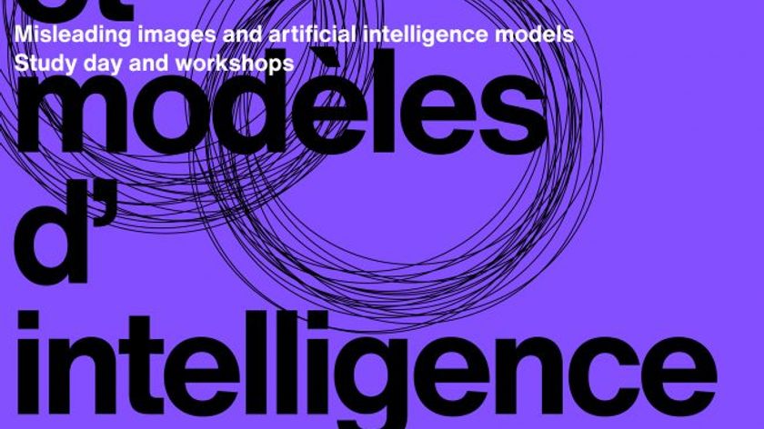 Event poster featuring the title “Images trompeuses et modèles d’intelligence artificielle” in large black letters on a purple background, with expressive linear graphics of thin black circles and lines.