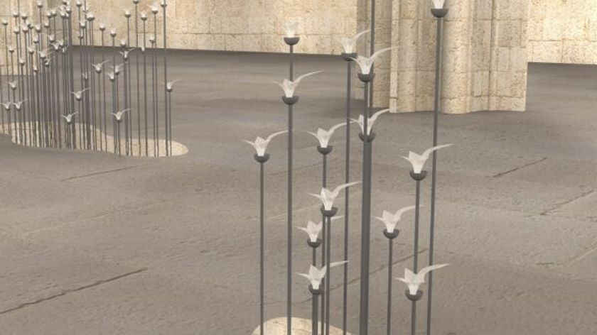 A render of an installation model featuring a sculpture depicting plants.