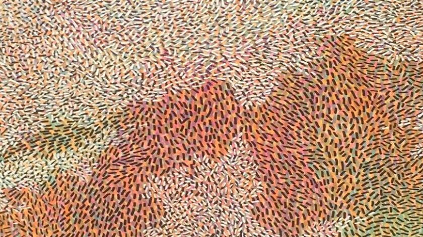 Artwork by CHANG Chaiwei featuring a textured surface made of numerous short, multidirectional strokes, resembling fibrous fabric or a forested landscape.
