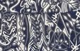 Detail of an artwork by Babi Badalov featuring contrasting graphic patterns with human figures and botanical motifs woven into the composition.