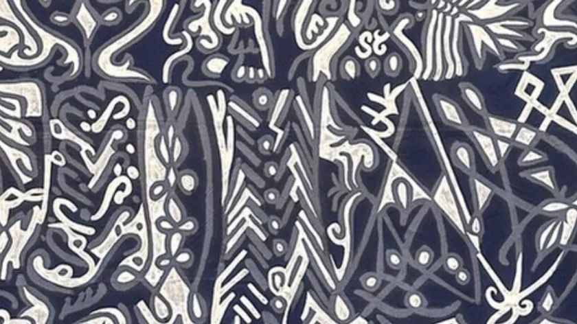 Detail of an artwork by Babi Badalov featuring contrasting graphic patterns with human figures and botanical motifs woven into the composition.